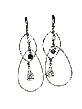 Gray Wire Clear & Black Beaded Dangle Drop Pierced Earrings